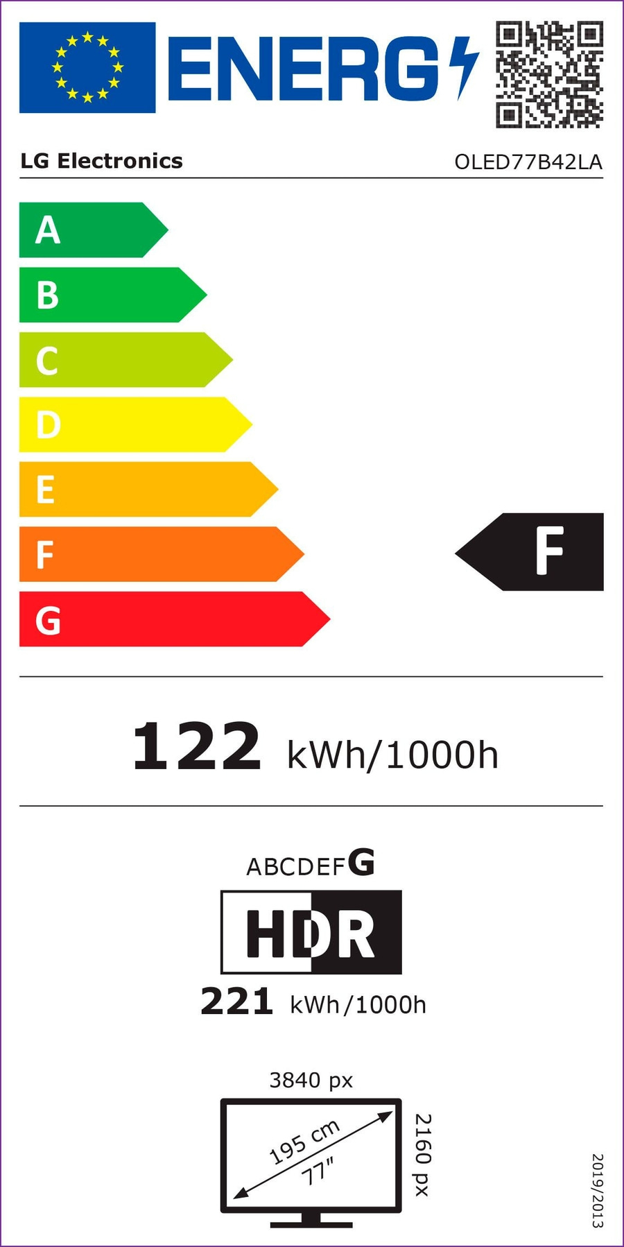 Energieeffizienzlabel für LG Electronics OLED77B42LA Fernseher, Energieklasse F, 122 kWh/1000h