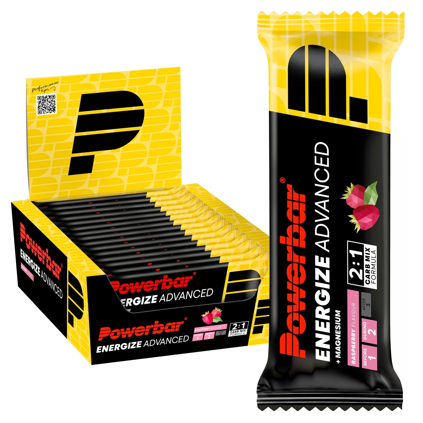 Eine Kiste und ein einzelner Powerbar Riegel, Energize Advanced, Himbeergeschmack.