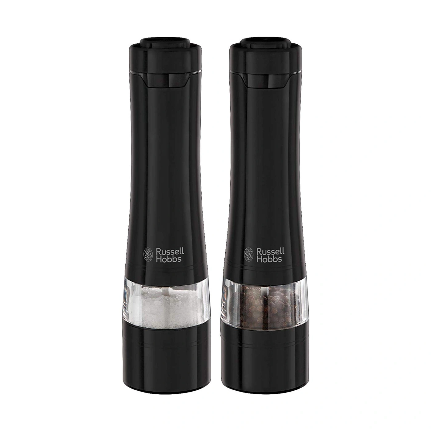 Zwei schwarze elektrische Pfeffermühlen von Russell Hobbs, nebeneinander stehend.