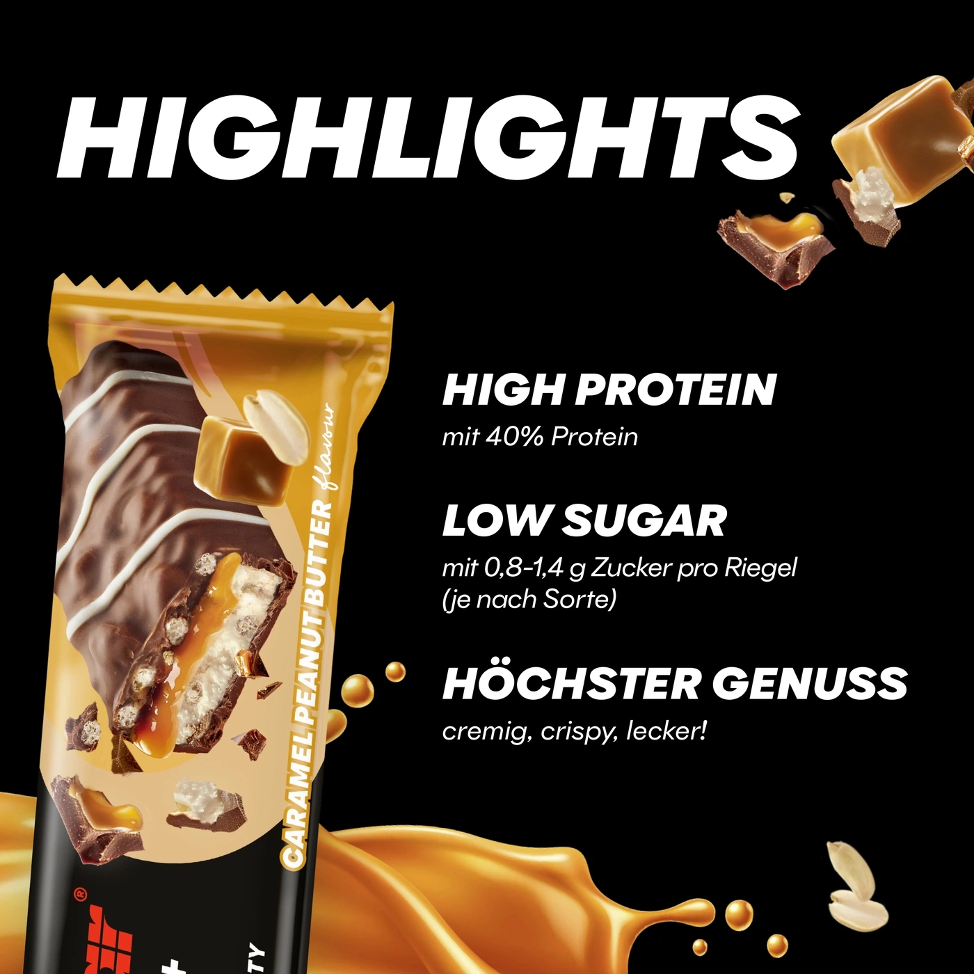 Proteinriegel mit Karamell-Erdnussgeschmack, High Protein, Low Sugar, Höchster Genuss