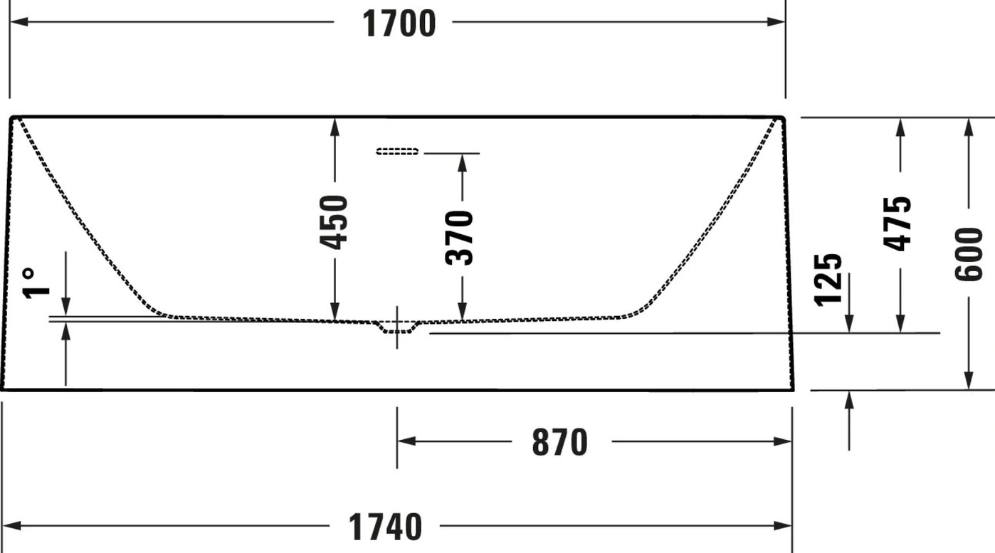 Badewanne mit Maßen: 1700, 1740, 870, 450, 370, 475, 600, 125, 1 Grad