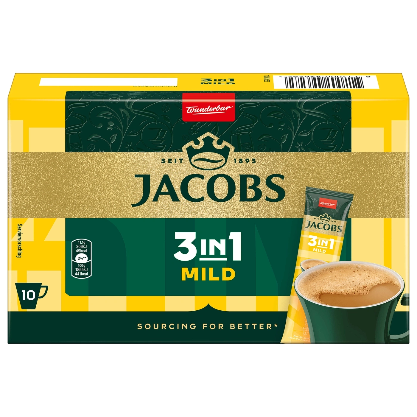 Jacobs 3in1 Mild Kaffee-Packung mit 10 Portionen, Werbung für Kaffeegetränke