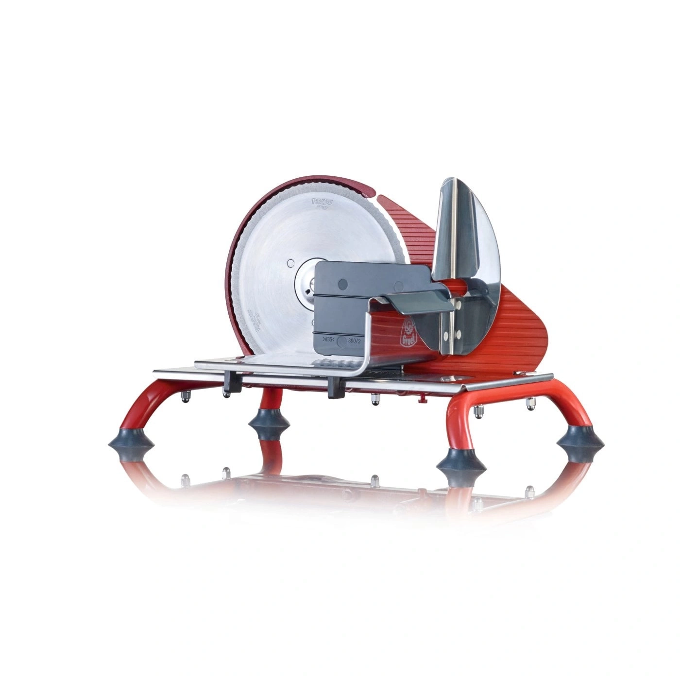 Rote Aufschnittmaschine mit silberner Klinge und Metallfuß