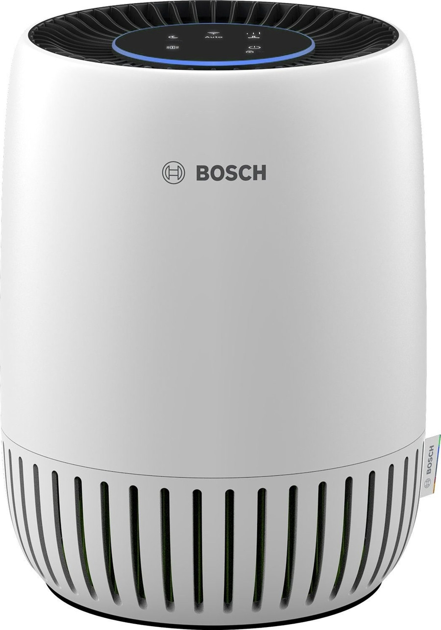 Weißer Bosch Luftreiniger mit blauem Bedienfeld und Lüftungsschlitzen unten.