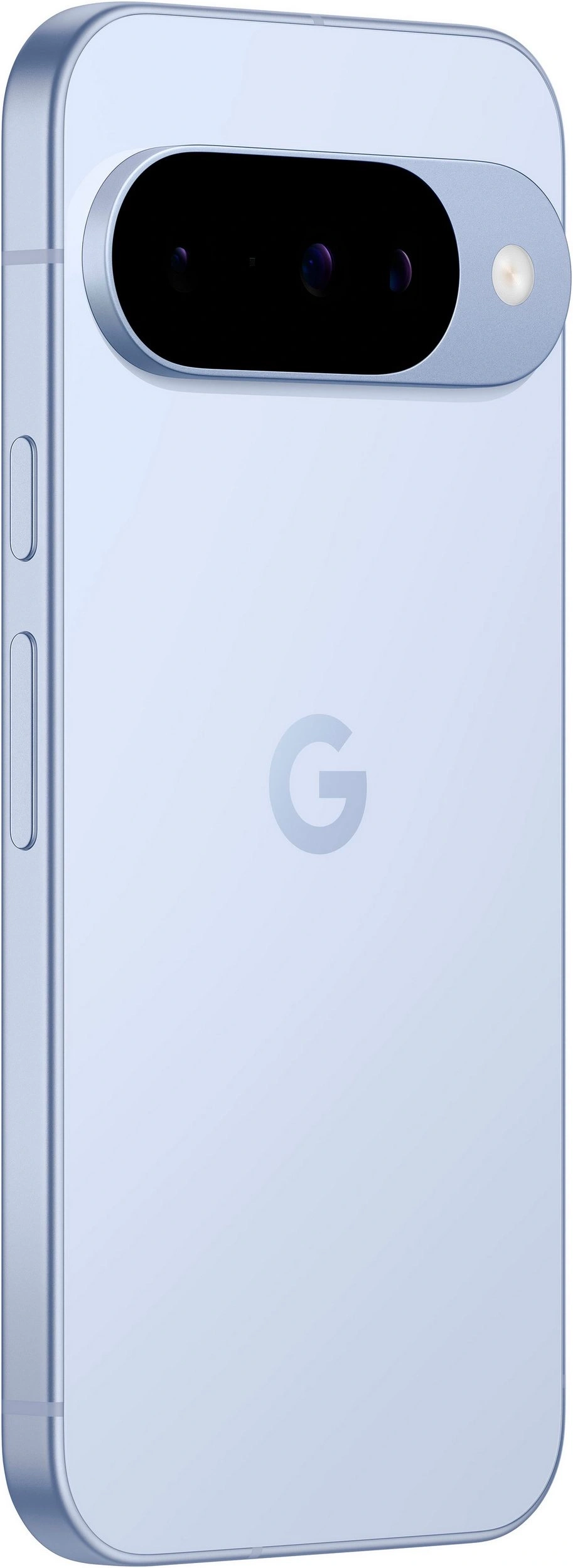 Rückseite eines hellblauen Google Pixel Smartphones mit Kameramodul und "G" Logo.