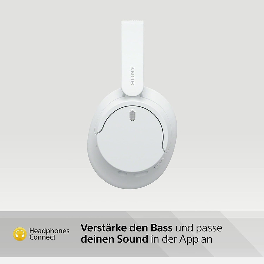 Weiße Kopfhörer von Sony. Verstärke den Bass und passe deinen Sound in der App an.