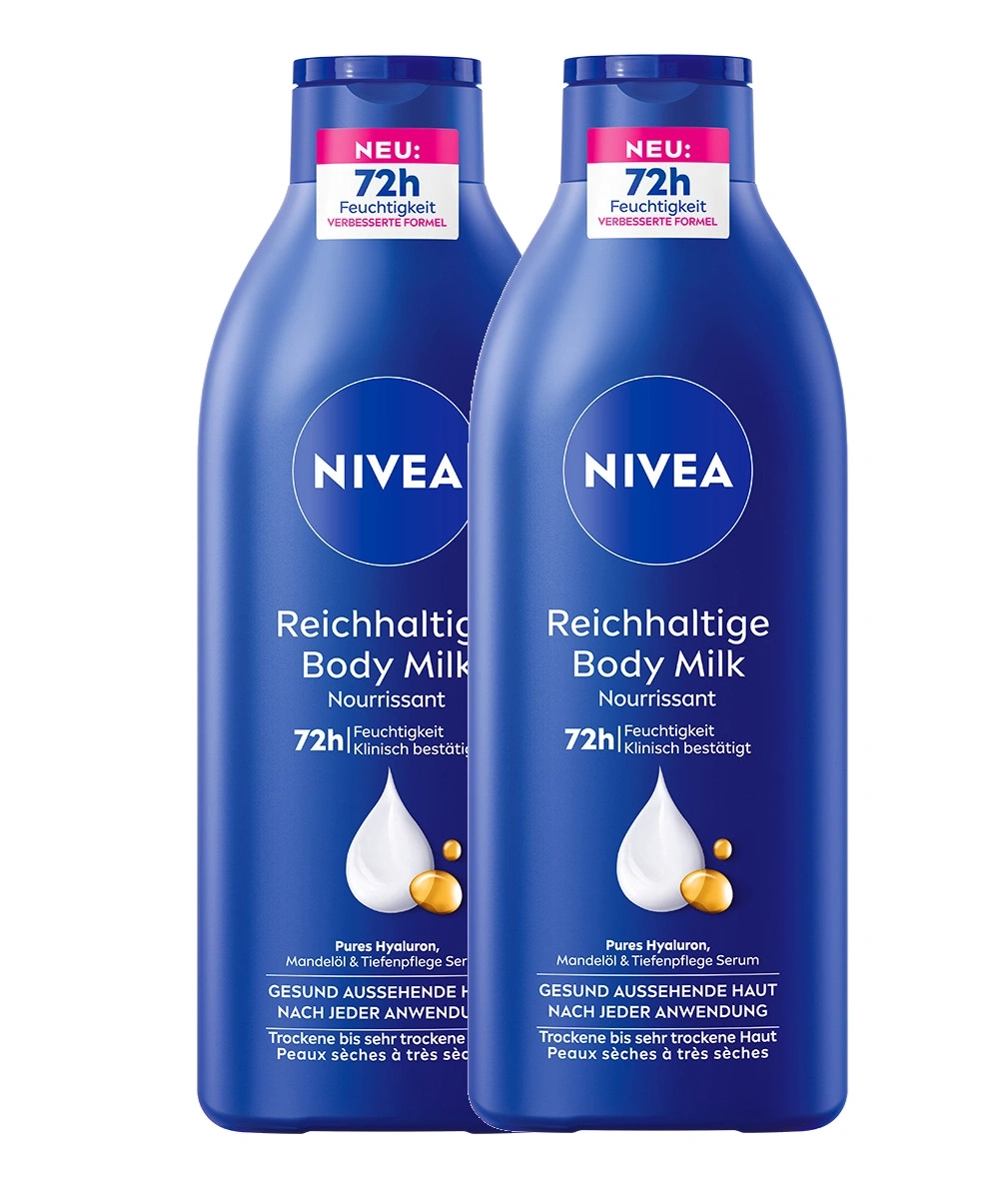 Zwei Nivea Reichhaltige Body Milk Flaschen mit 72h Feuchtigkeitspflege.