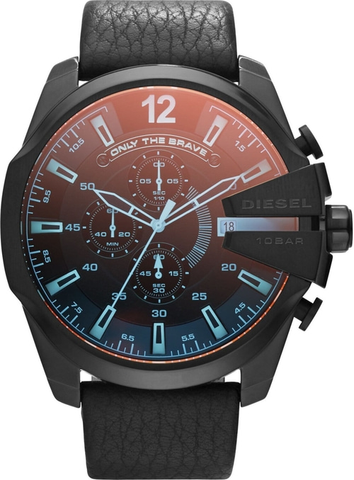 Schwarze Diesel-Uhr mit braunem Zifferblatt und Lederarmband. Nur die Mutigen.