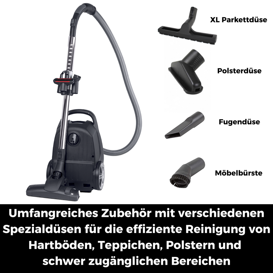 Staubsauger mit verschiedenem Zubehör für die Reinigung von Hartböden, Teppichen und Polstern.