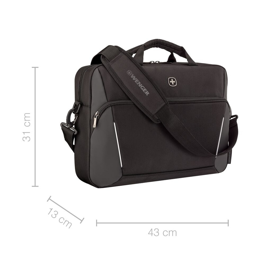 Schwarze Wenger-Laptoptasche, 43 cm breit, 31 cm hoch, 13 cm tief, mit Schultergurt