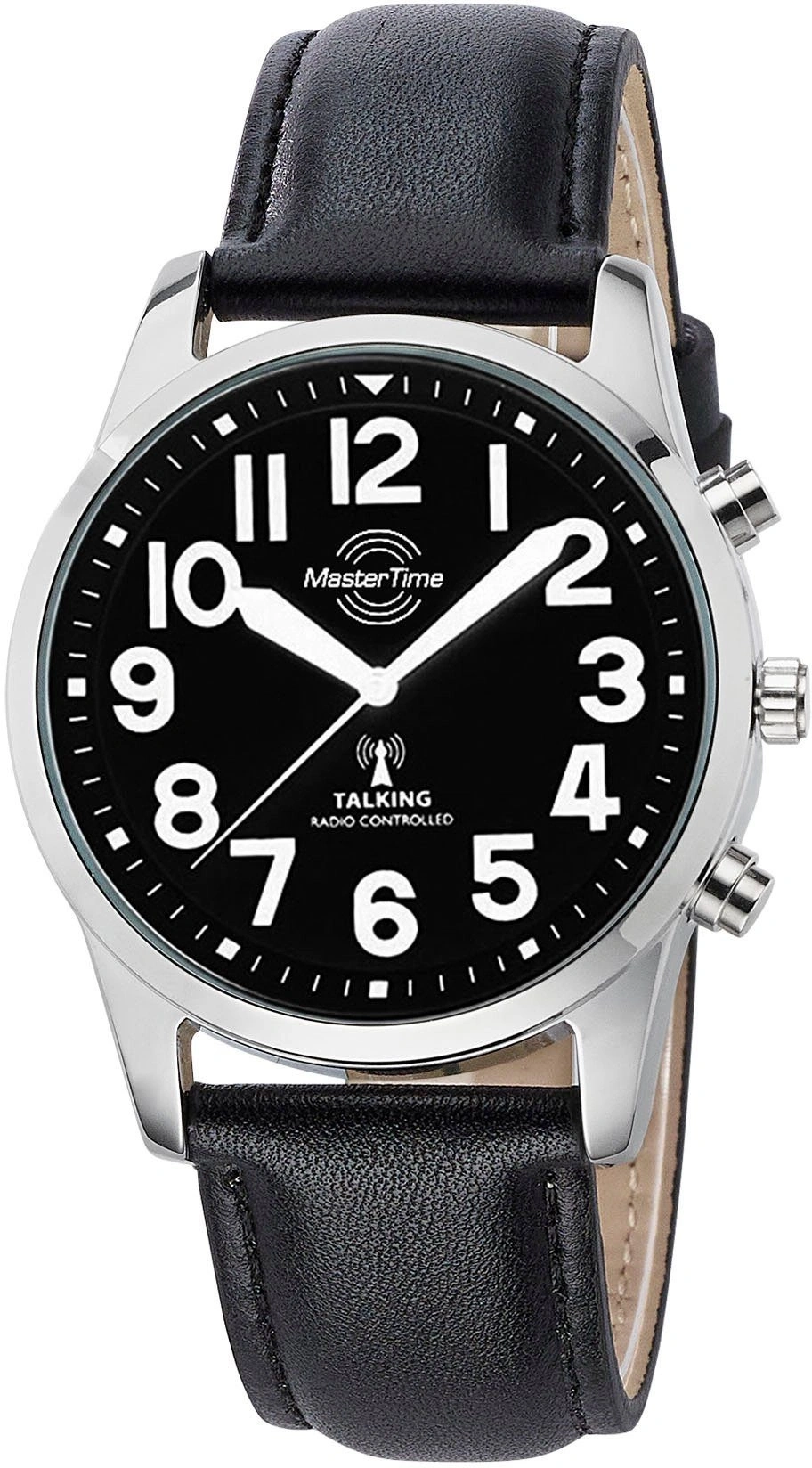 Herrenuhr mit schwarzem Lederarmband und schwarzem Zifferblatt