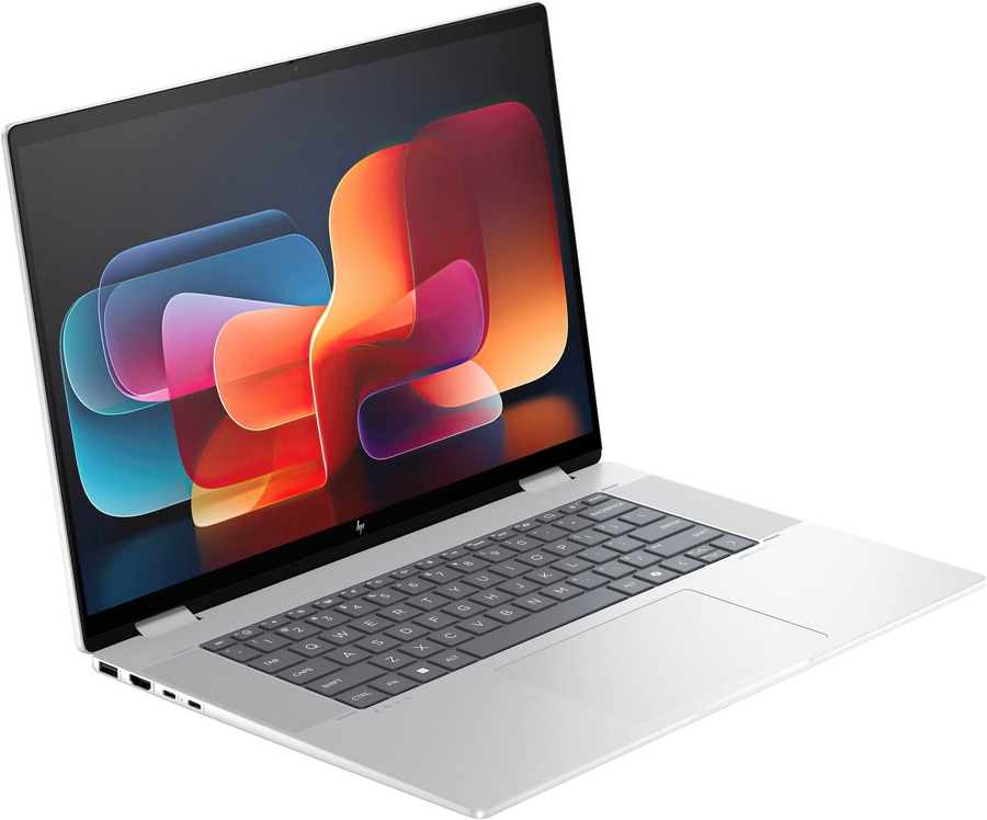Silberner Laptop mit geöffnetem Bildschirm, Tastatur und Touchpad. Der Bildschirm zeigt bunte Formen.