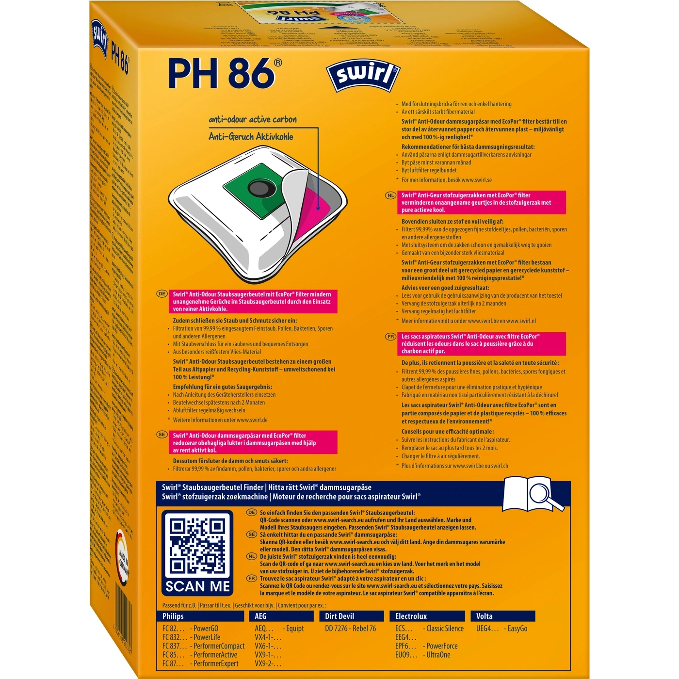 Swirl PH 86 Staubsaugerbeutel Packung mit Anti-Geruch Aktivkohle, Produktabbildung.