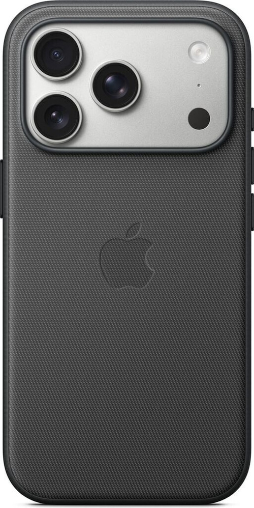 Schwarze Handyhülle mit drei Kameras und Apple-Logo.