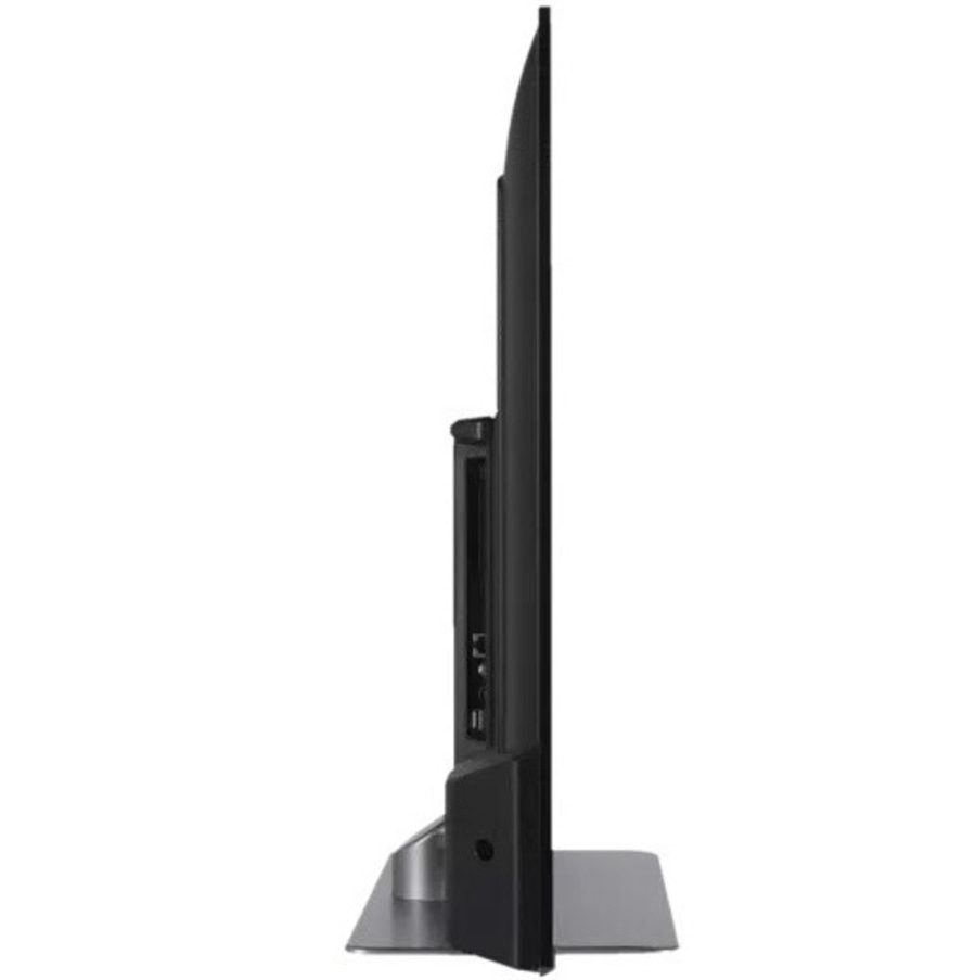 Schwarzer Fernseher im Profil, mit Standfuß und Anschlüssen, schlankes Design.