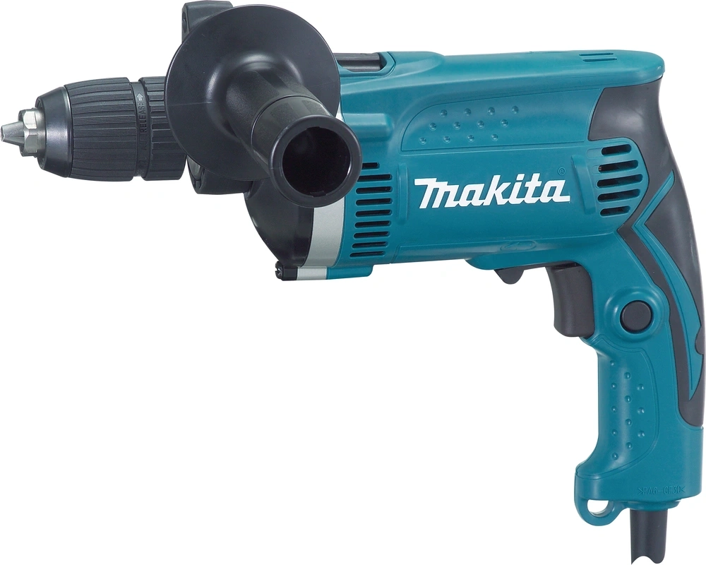 Ein grüner Makita Bohrer mit Bohrfutter und Zusatzgriff