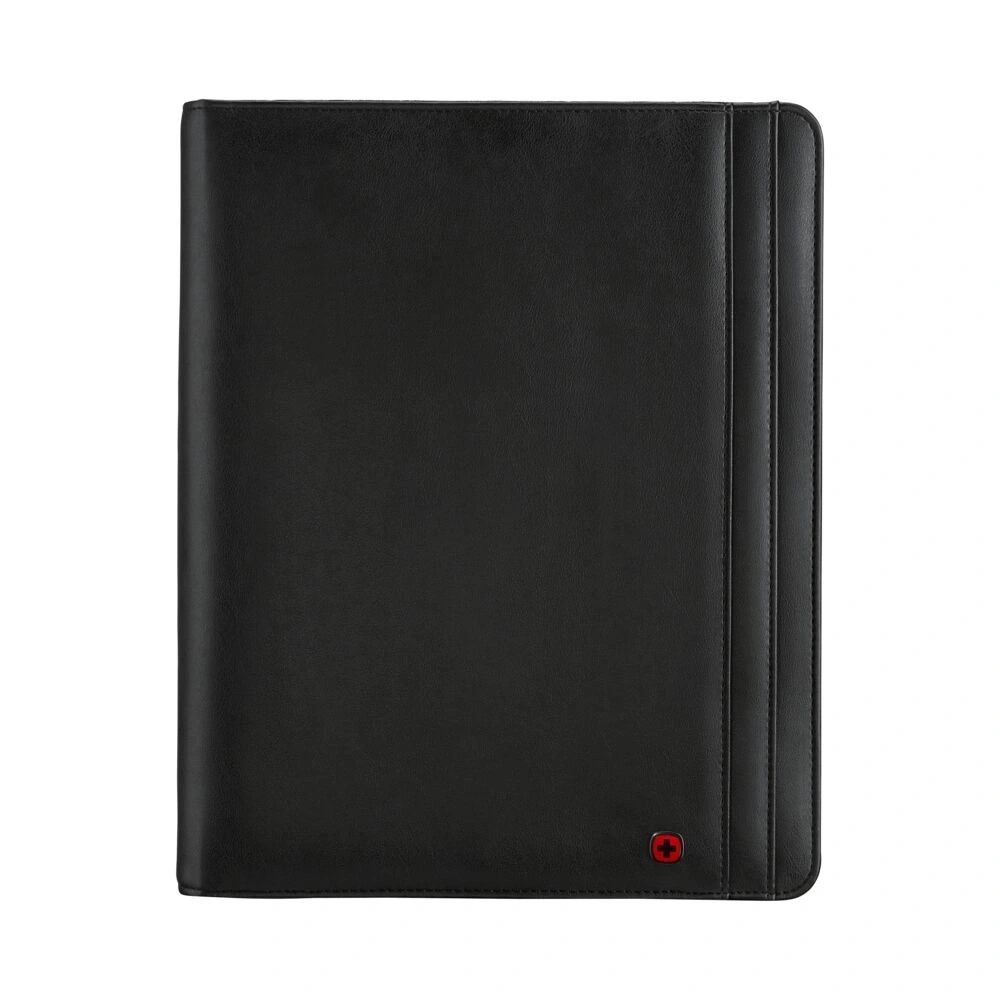 Schwarze Ledermappe mit rotem Kreuz-Logo, elegantes Design, Büroaccessoire, Dokumentenmappe