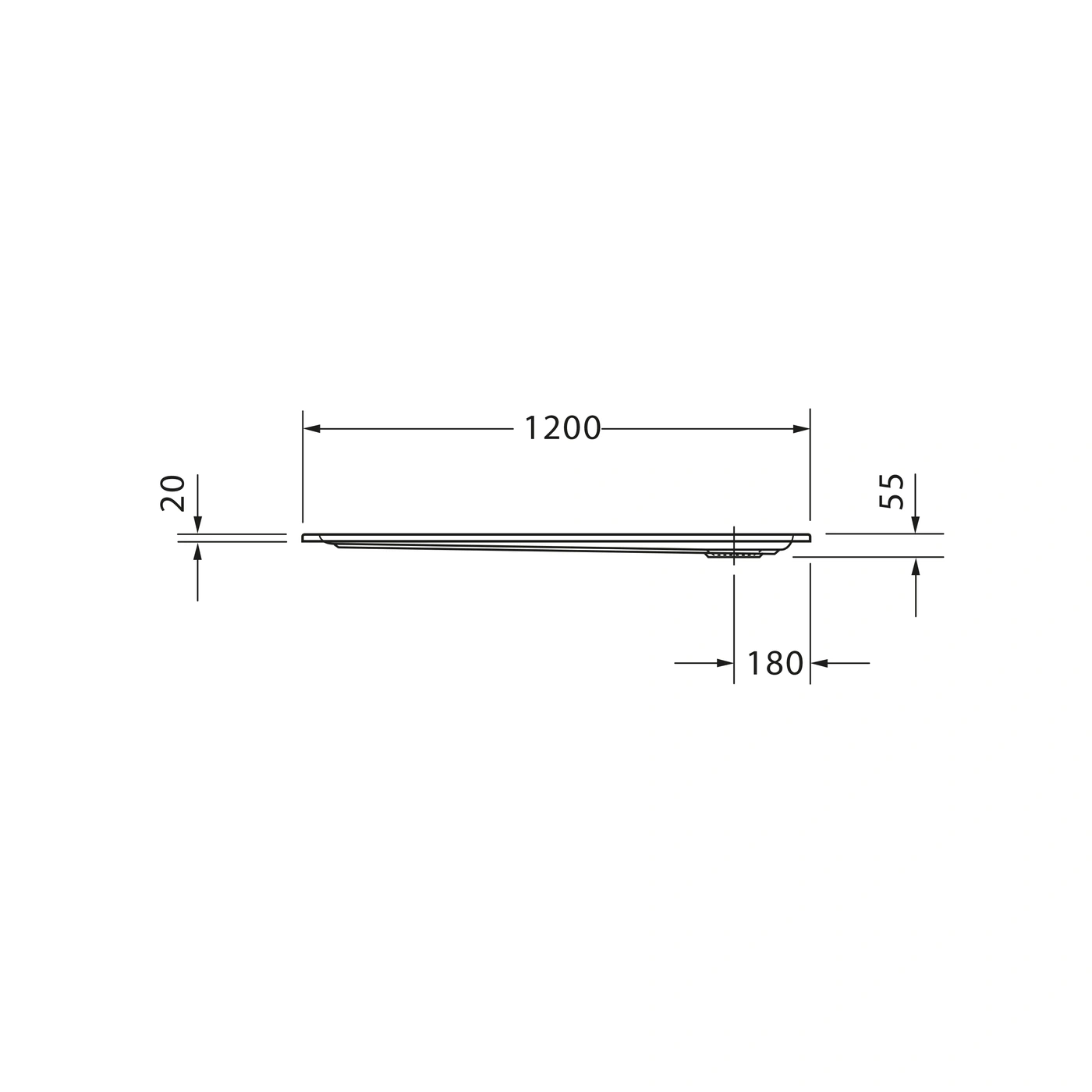 Abmessungen einer Platte: 1200mm lang, 55mm breit, 20mm dick, 180mm Aussparung.