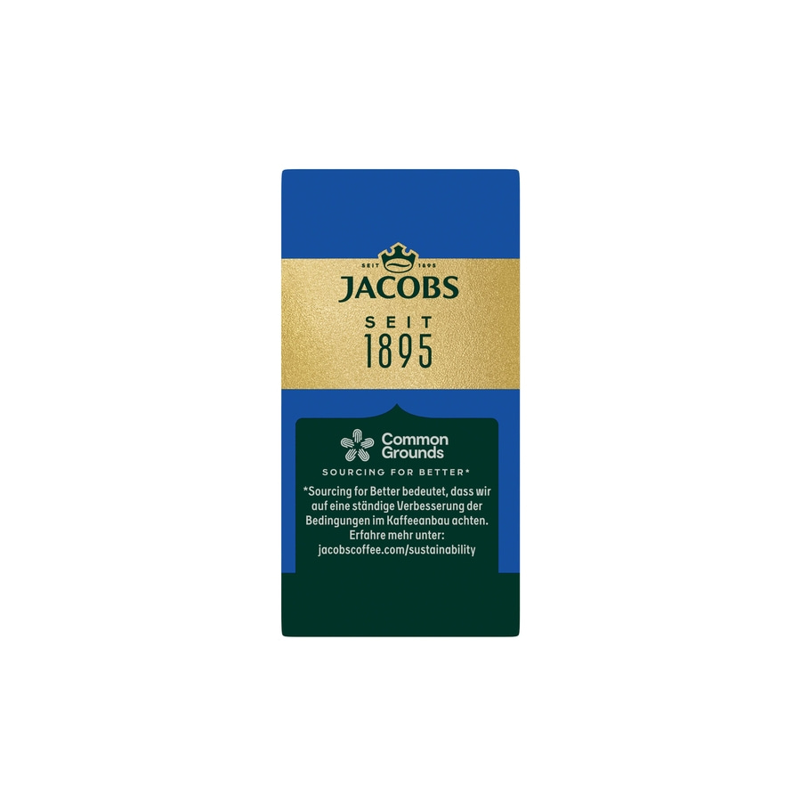Jacobs Kaffeepackung mit Logo und Text über Nachhaltigkeit und Kaffeeanbau, seit 1895
