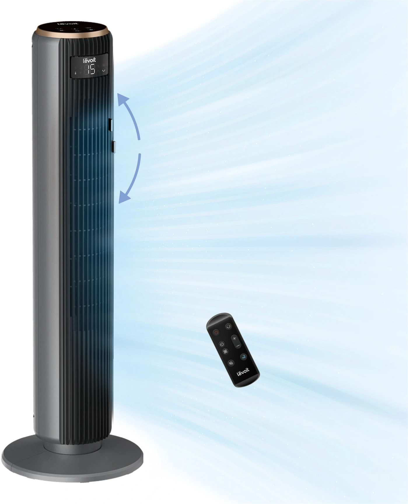 Ein Levoit Turmventilator mit Fernbedienung und blauem Luftstrom