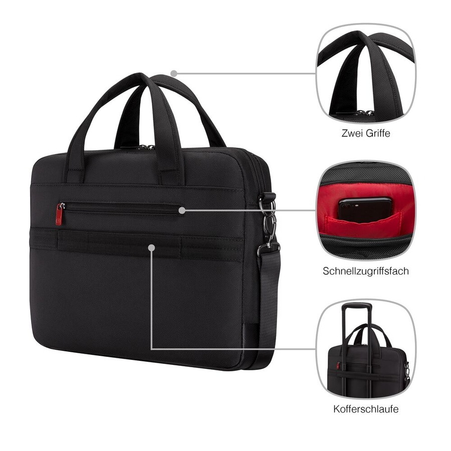 Schwarze Aktentasche mit zwei Griffen, Schnellzugriffsfach und Kofferschlaufe.