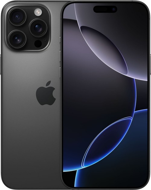 Dunkelgraues iPhone mit drei Kameras und einem schwarzen Bildschirm, Apple Logo