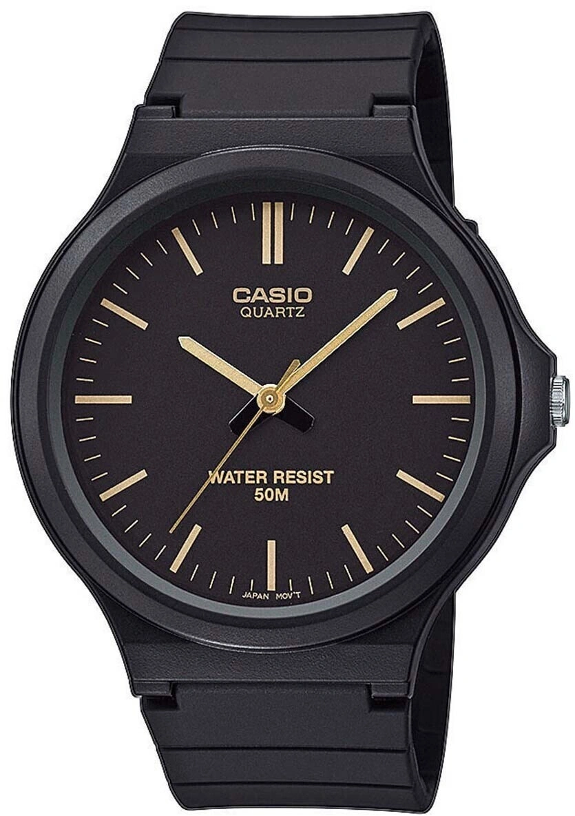 Schwarze Casio-Uhr mit goldenen Zeigern und Ziffern, Wasserfestigkeit 50M, Japan Mov't.