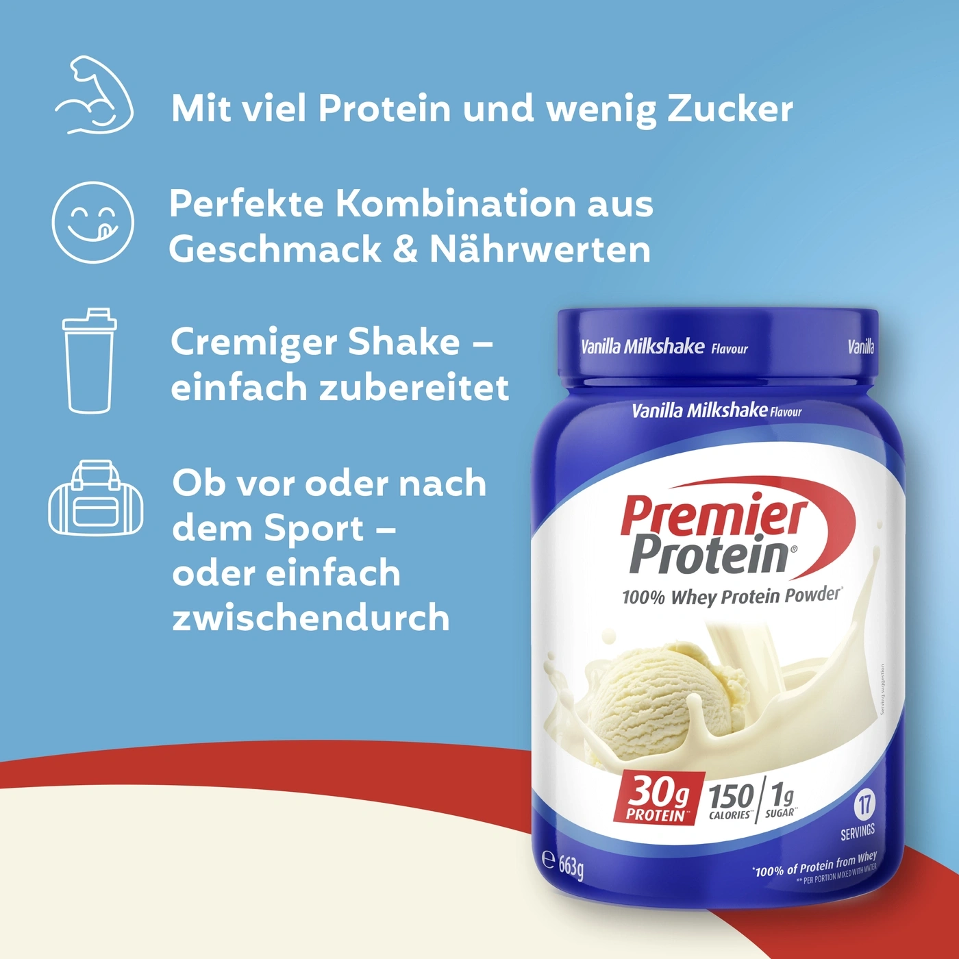 Premier Protein Vanille Milchshake Pulver mit Eis und Spritzern