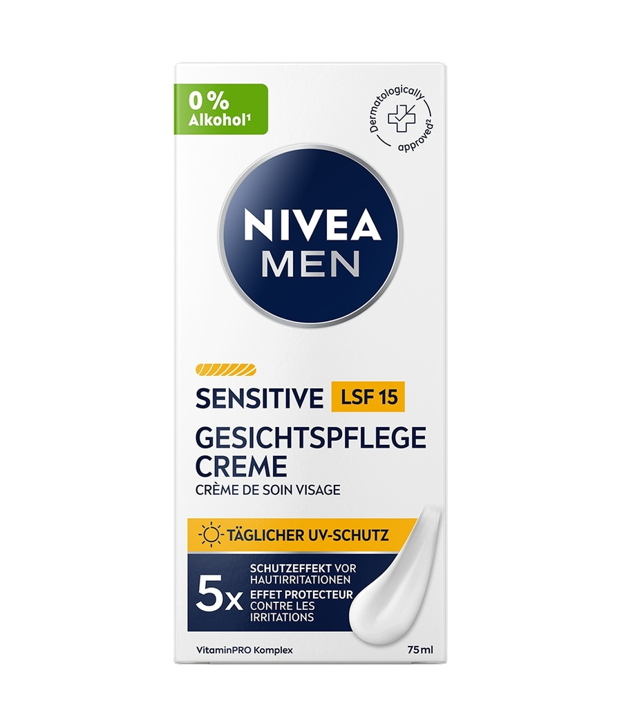 Nivea Men Sensitive Gesichtscreme mit LSF 15 und UV-Schutz.