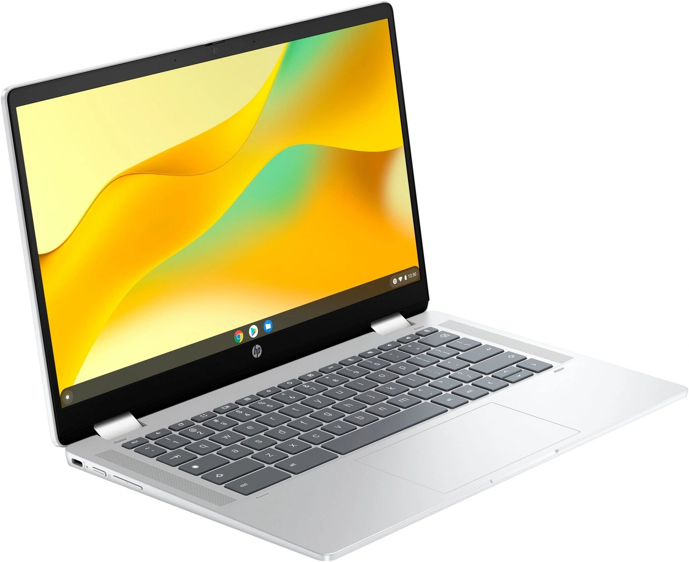 Ein silberner HP Laptop mit geöffnetem Bildschirm, der einen bunten Hintergrund zeigt.