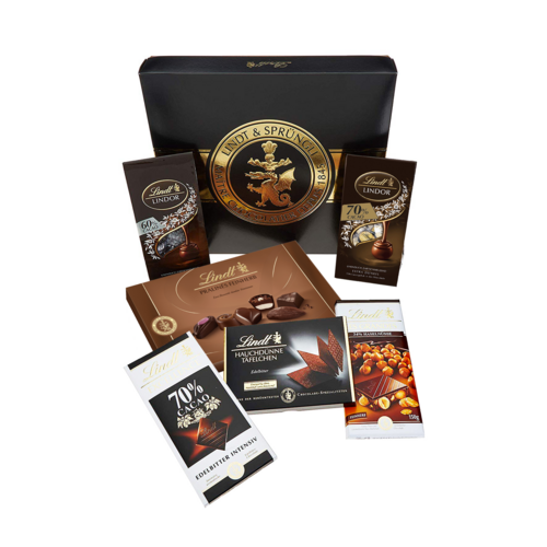 Lindt & Sprüngli Schokoladen-Geschenkbox mit verschiedenen Pralinen und Tafeln.
