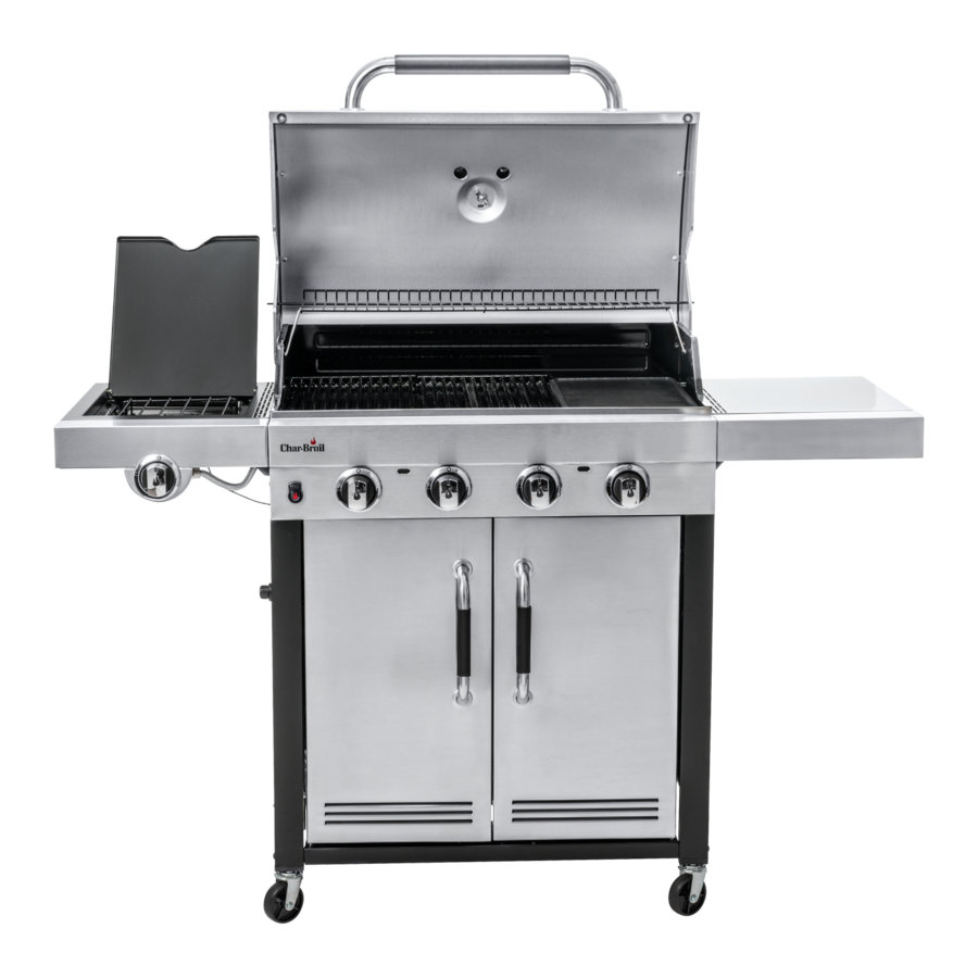Edelstahl-Gasgrill mit vier Brennern, Deckel offen, Seitenbrenner und Schrank