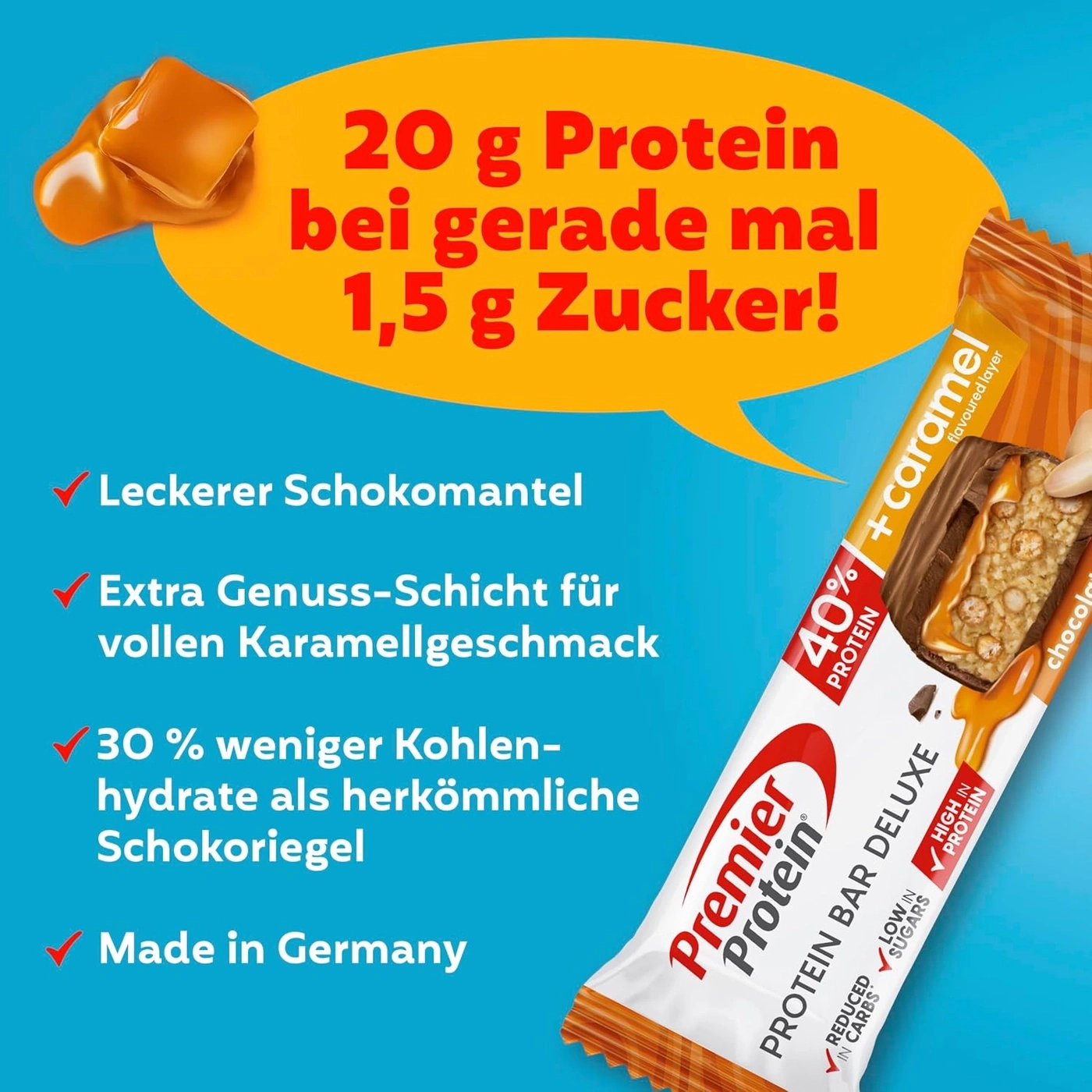 Premier Protein Riegel mit Karamellgeschmack, 20g Protein, wenig Zucker