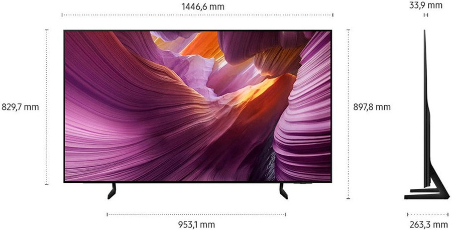 Ein Fernsehgerät mit den Maßen 1446,6 mm Breite, 829,7 mm Höhe und 33,9 mm Tiefe.