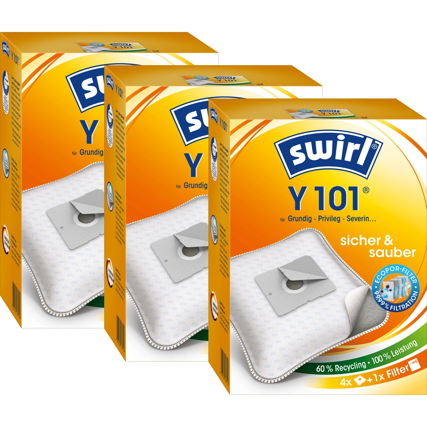 Staubsaugerbeutel Swirl Y 101 für Grundig, Privileg, Severin, 60% Recycling, 100% Leistung