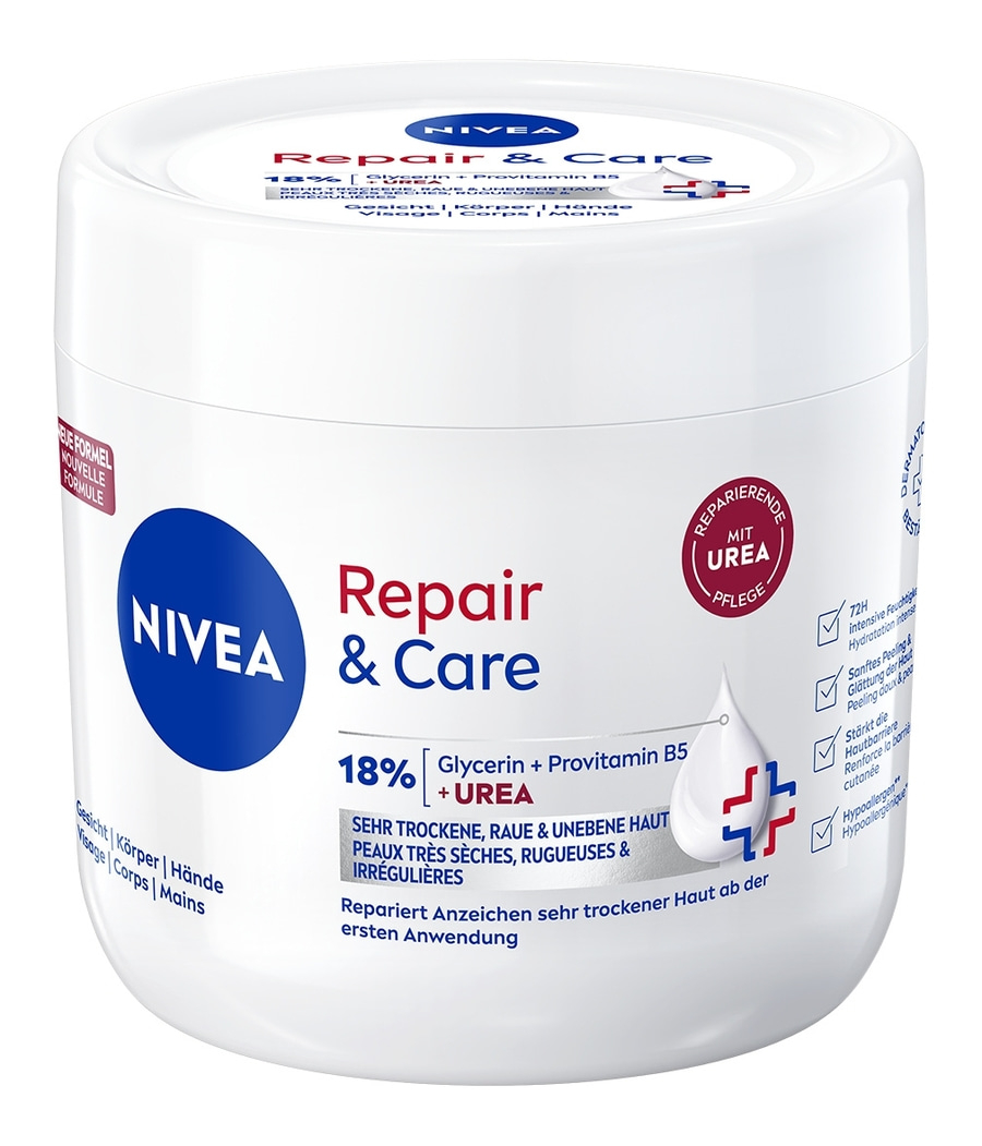 Nivea Repair & Care Creme mit 18% Glycerin, Provitamin B5 und Urea für trockene Haut.