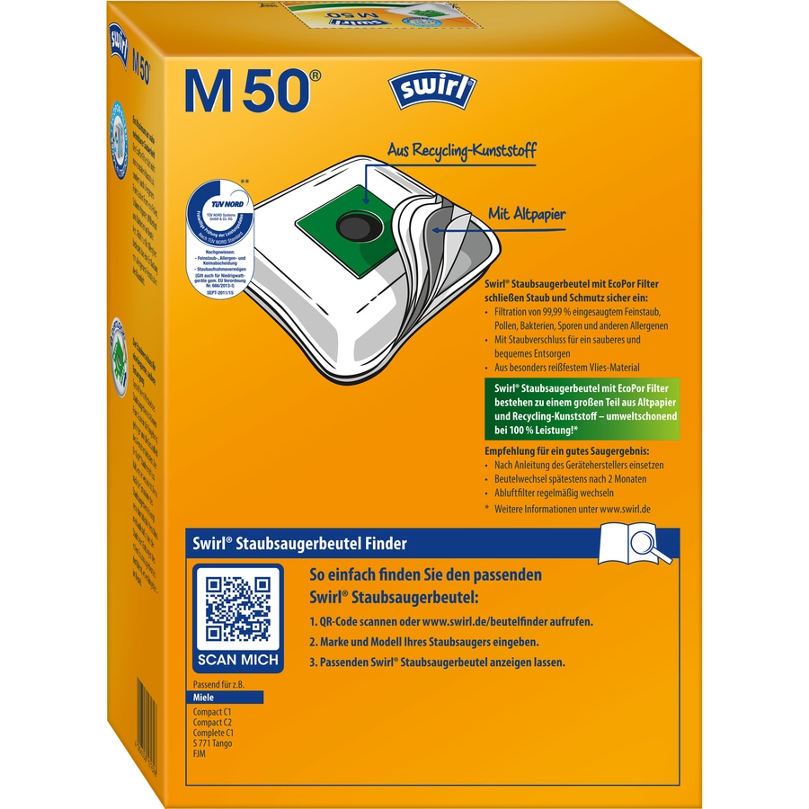 Gelbe Verpackung mit Staubsaugerbeuteln, Swirl-Logo, M50, QR-Code, Miele-Kompatibilität.