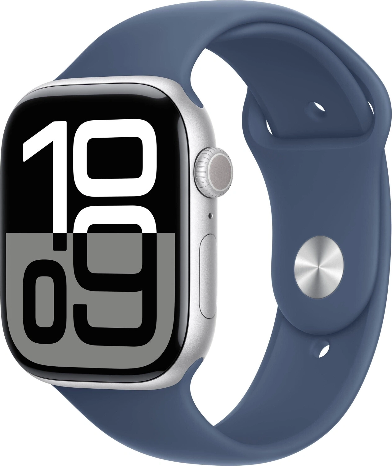 Eine digitale Uhr mit einem blauen Armband und einem silbernen Gehäuse. Die Uhr zeigt die Zeit 10:09.