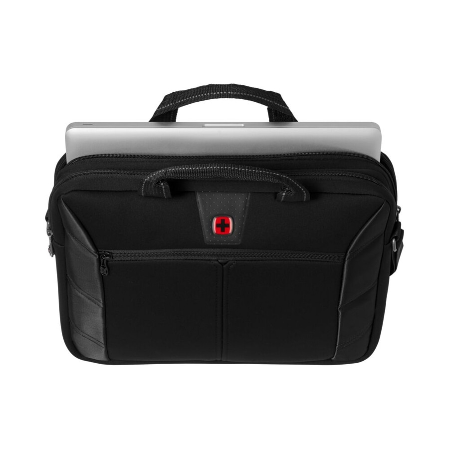 Schwarze Laptoptasche mit rotem Logo und Griff, Laptop im Inneren, Swissgear