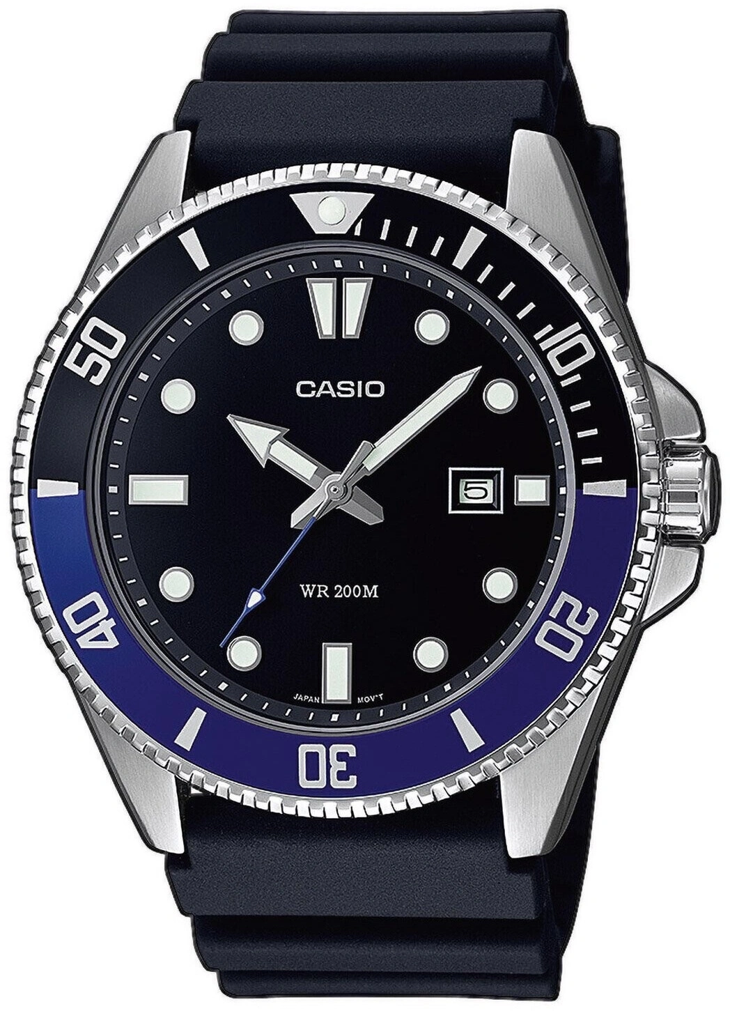 Armbanduhr mit schwarzem Zifferblatt und blauem Ring