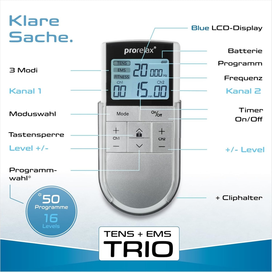 TENS + EMS Trio Gerät mit LCD-Display, Modi, Kanälen und Programmen.