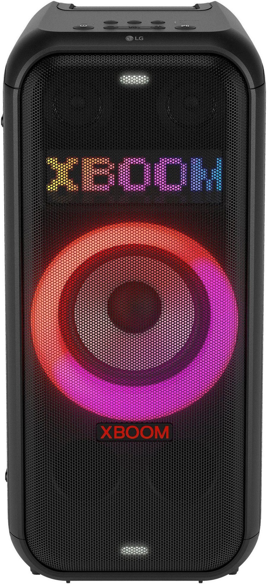 Ein schwarzer LG XBOOM Lautsprecher mit bunten Lichtern.