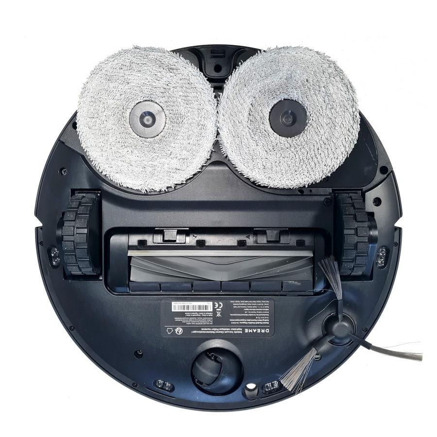 Roboterstaubsauger mit zwei rotierenden Wischmopps, Bürste und Rädern, Dreame-Modell.
