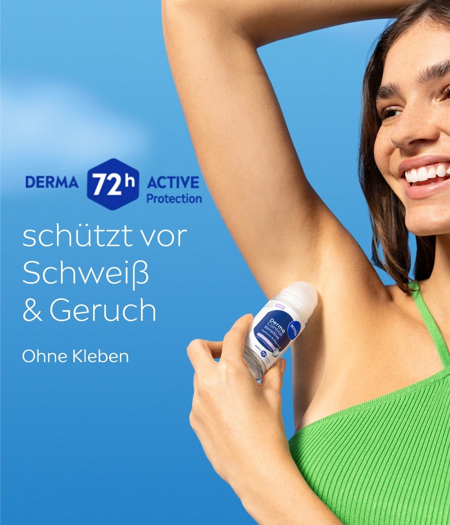 Eine Frau mit grünen Top hält Nivea Deodorant unter dem Arm.