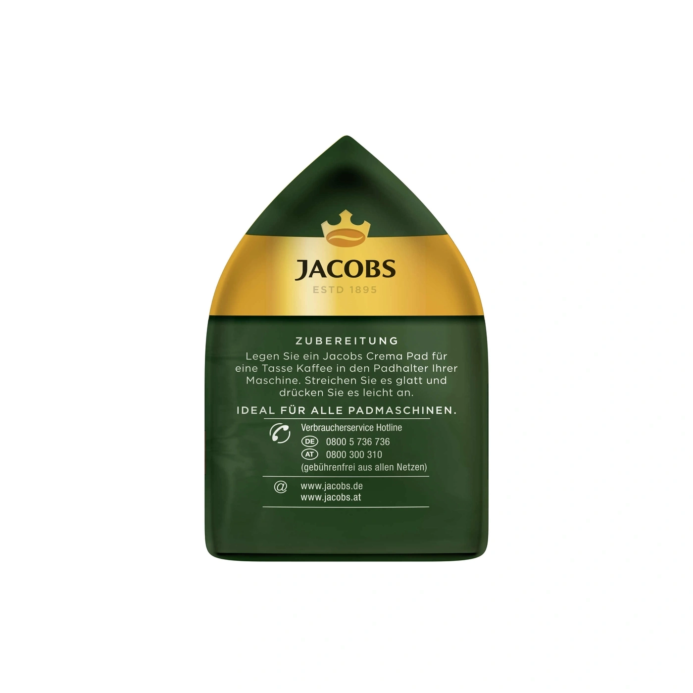 Jacobs Kaffee Pad, Zubereitung, Verbraucherservice, ideal für Padmaschinen, Kontaktinformationen, Logo
