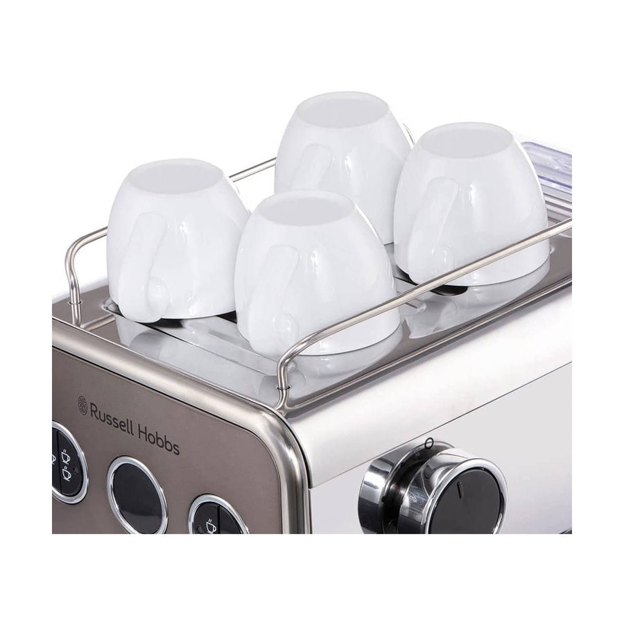 Kaffeemaschine mit Tassen, Edelstahl, Russell Hobbs, nahaufnahme, weiß