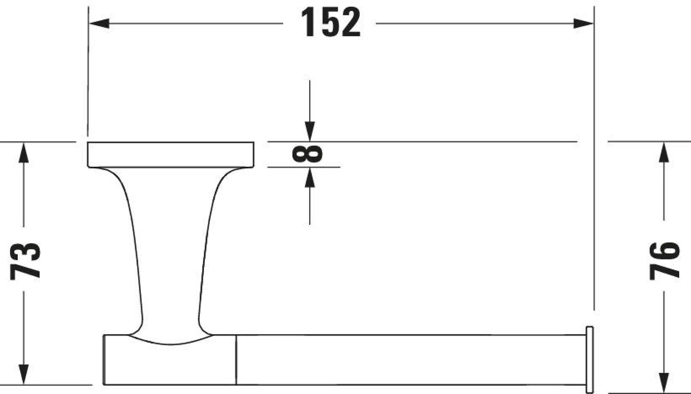 Maße einer Toilettenpapierhalterung: 152mm, 73mm, 76mm, 8mm.