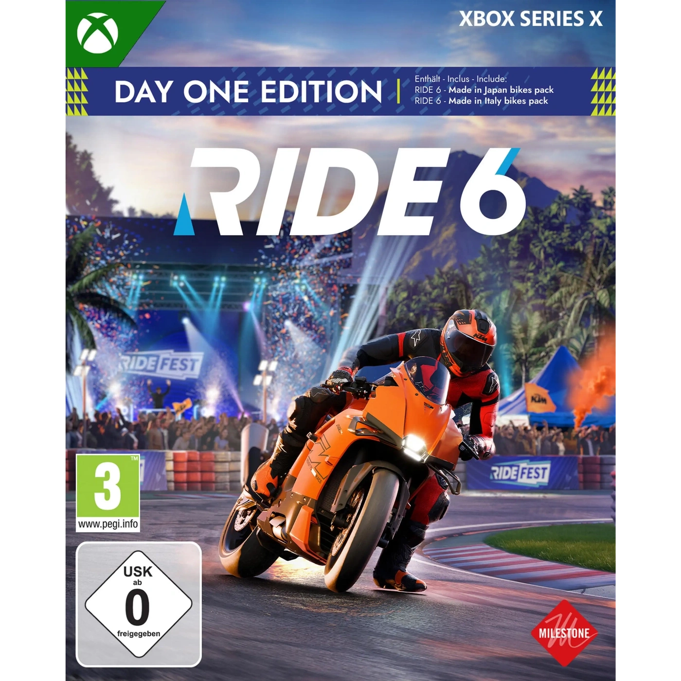 Die "Day One Edition" von Ride 6 für Xbox Series X, mit einem Motorradrennen.
