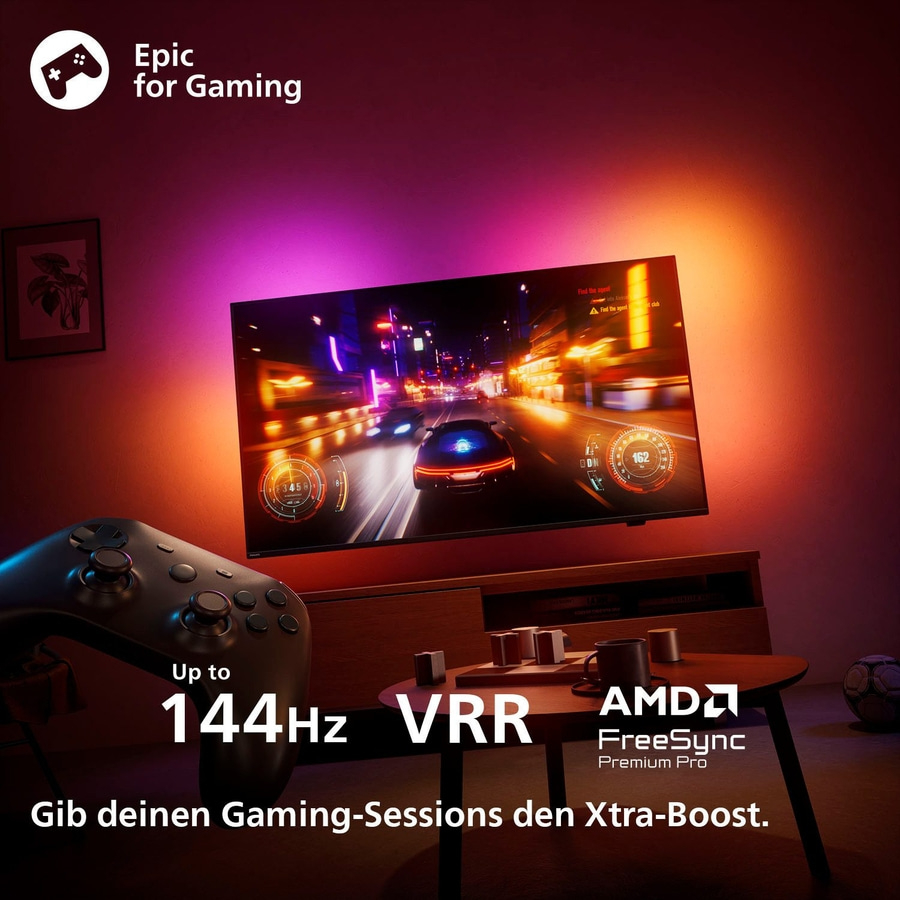 Gaming-TV mit Controller, 144Hz, VRR, AMD FreeSync, Xtra-Boost für Gaming-Sessions.