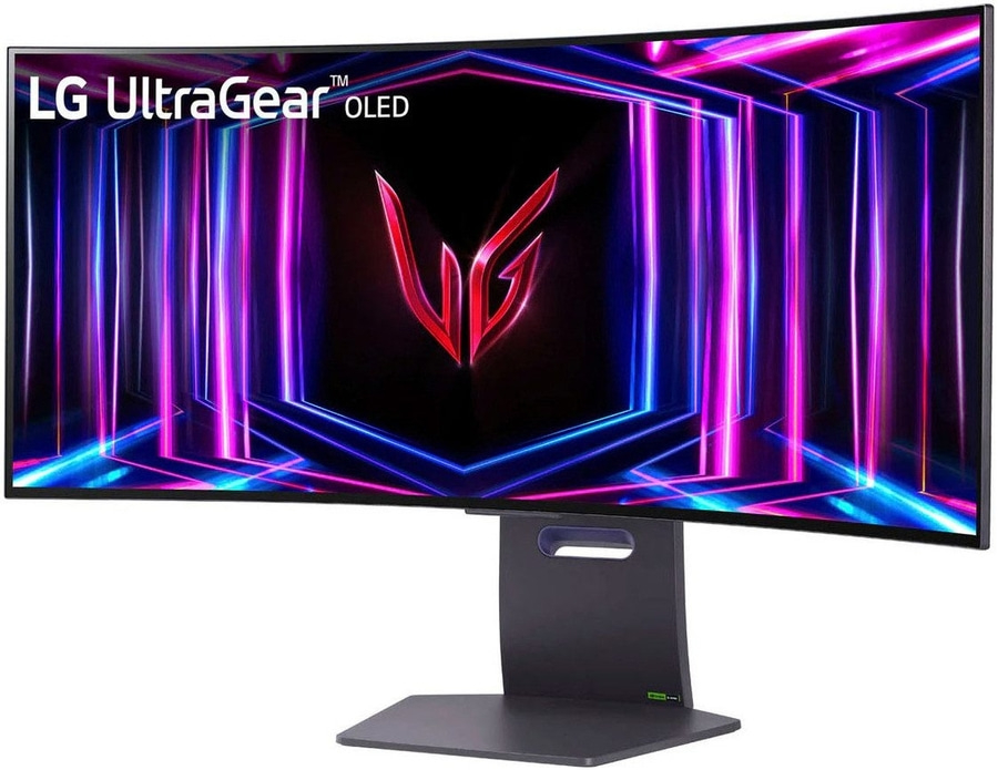 LG UltraGear OLED Monitor, gebogen, mit farbenfrohem Hintergrund und Ständer.